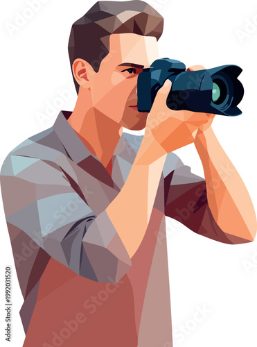 Geometric low poly vector illustration of a professional male photographer holding a digital camera. Modern side view portrait of a man taking a photo on a white background for creative design.