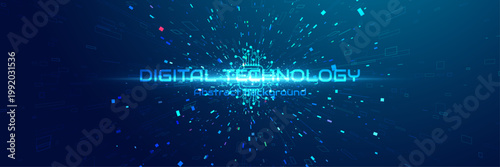 Digital technology burst background with glowing microchip, data blocks and perspective light speed lines, futuristic network innovation banner