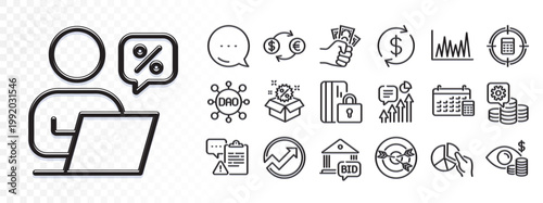 Usd exchange, Dao and Calendar line icons for web app. Glare of light effect. Message icon. Pack of Audit, Targeting, Online discounts pictogram icons. Clipboard, Sale, Line graph signs. Vector