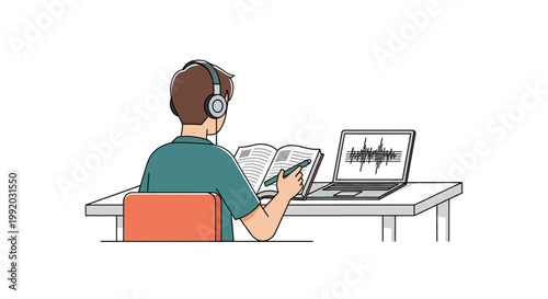 Man wearing headphones sitting at desk.