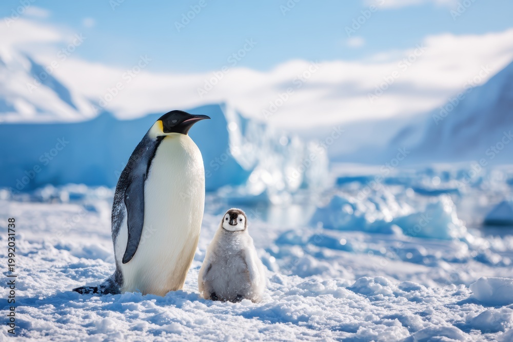 Obraz premium Mother penguin standing with baby in snowy landscape