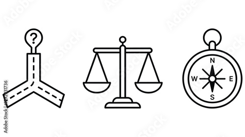 Conceptual ethics and decision making icons showing fork in road scales compass.