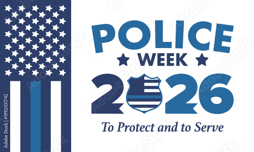 National Police Week in May. Celebrated annual in United States. In honor of the police hero. Police badge and patriotic elements. Officers Memorial Day. Poster, card, banner. Vector illustration