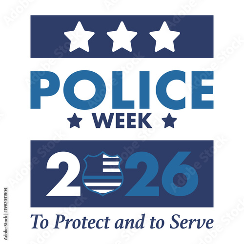 National Police Week in May. Celebrated annual in United States. In honor of the police hero. Police badge and patriotic elements. Officers Memorial Day. Poster, card, banner. Vector illustration