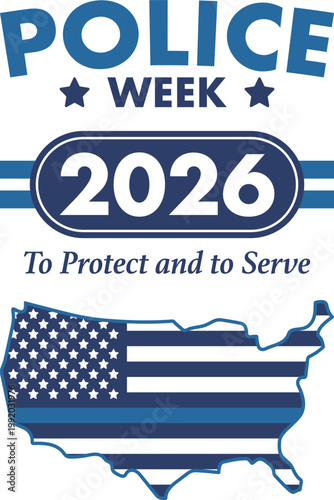National Police Week in May. Celebrated annual in United States. In honor of the police hero. Police badge and patriotic elements. Officers Memorial Day. Poster, card, banner. Vector illustration