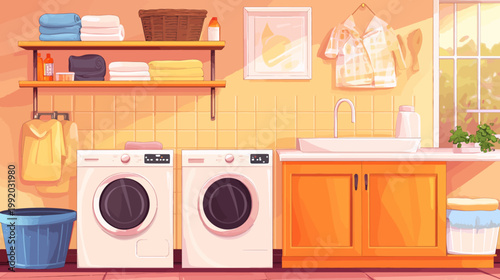 A cozy laundry room illustration, featuring washing machines, shelves with towels, and clothes