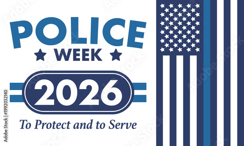 National Police Week in May. Celebrated annual in United States. In honor of the police hero. Police badge and patriotic elements. Officers Memorial Day. Poster, card, banner. Vector illustration