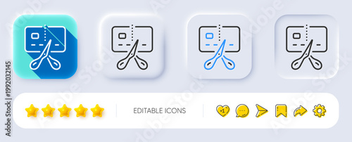 Bankrupt line icon. Neumorphic, Flat shadow, 3d buttons. Cut credit card sign. Bank card with scissors symbol. Line bankrupt icon. Social media icons. Vector