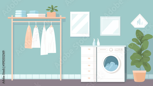 A serene laundry room with white washer, clothes rack, mirrors, plants, and towels