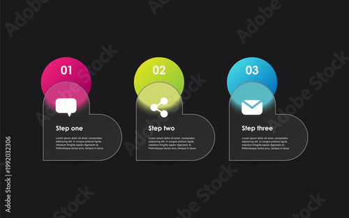 Business concept with three step processes. Dark matte glass vector infographic template