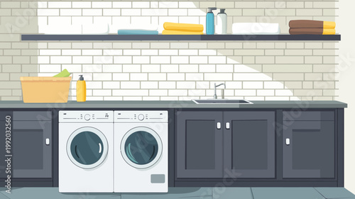 Cartoon laundry room with appliances, a washing machine, sink, and shelves with towels and bottles