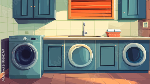 Stylized illustration of a laundry room, featuring a washing machine and cabinets