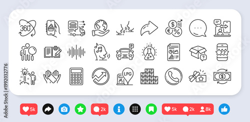 Money change, Gas station and Save planet line icons pack. Social media: share, comment, like icons. Engineering documentation, Star, Call center web icon. Vector