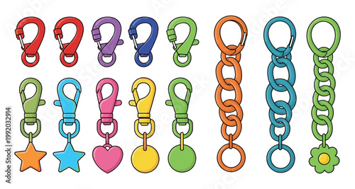Colorful metal carabiner vector set with various keychains heart and star shapes.