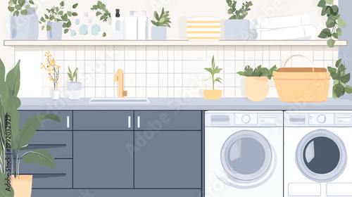 A brightly lit, minimalist laundry room with cabinetry, washing machines, and indoor plants