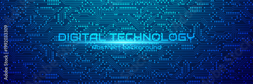 Glowing blue circuit board pattern on digital technology background, abstract electronic motherboard pcb network banner