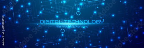 Neon blue circuit connections with glowing nodes on digital technology background, abstract electronic data network banner