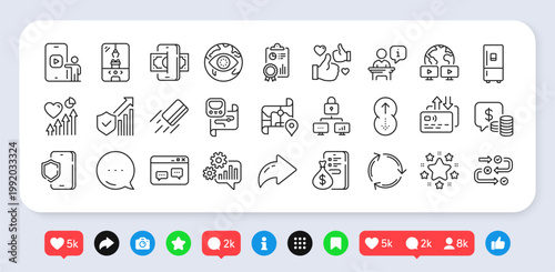 Inspect, Stars and Lock line icons pack. Social media: share, comment, like icons. Recycling, Video conference, Cogwheel web icon. Cyber attack, Coins, Like pictogram. Vector