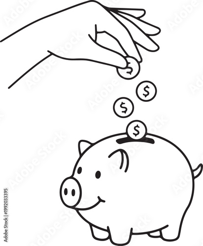 hand putting coins in piggy bank icon saving money line art design vector illustration