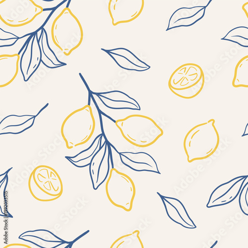 Seamless pattern with lemons, citrus slices and leaves in line style. Hand drawn vector illustration for textiles, packaging, kitchen decor and seasonal designs.