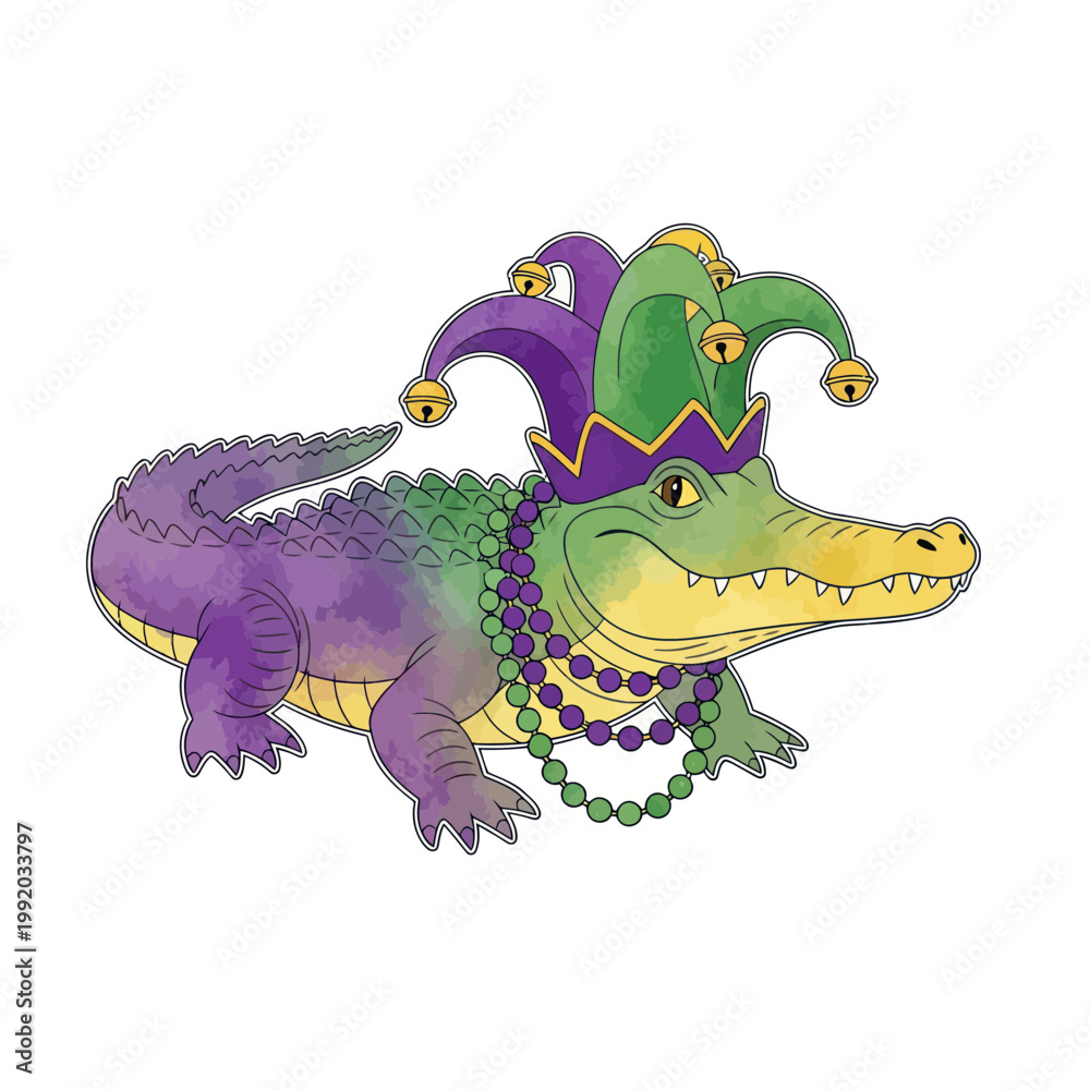 Fototapeta premium Mardi Gras Alligator Wearing Jester Hat and Beads