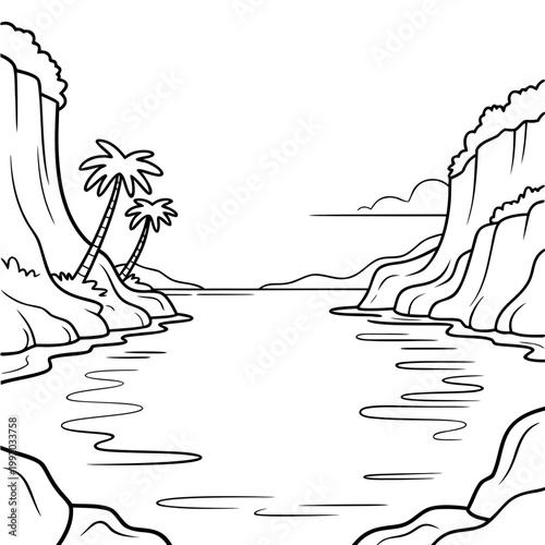 Black and white line of a tropical lagoon with palm trees