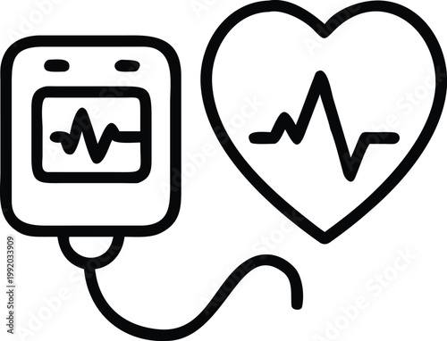 A black and white line drawing depicting a heart monitor and a heart with an ekg readout