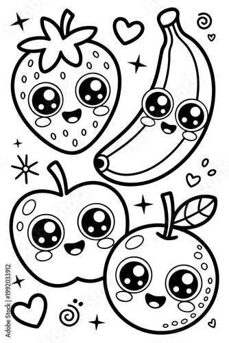 Kawaii fruits coloring page: strawberry, banana, apple, orange