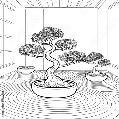 Line coloring page of bonsai trees in a zen garden