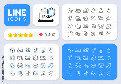 Chemistry lab, 24h service and Attached info line icons for web app. Message, Share, Like social media icons. Pack of Online rating, Car travel, Cogwheel pictogram icons. Vector