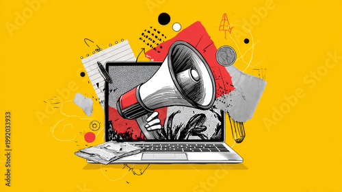 Trendy Halftone Collage Laptop with Megaphone. Social media promotions and marketing. Torn piece of note paper. Online news announcing. Doodle elements on retro poster. Contemporary vector art