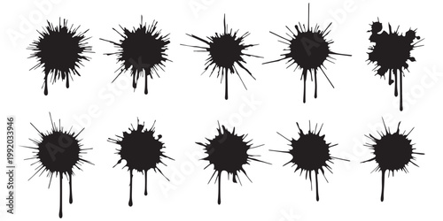 Abstract ink splatter collection diverse black ink blot shapes and textures