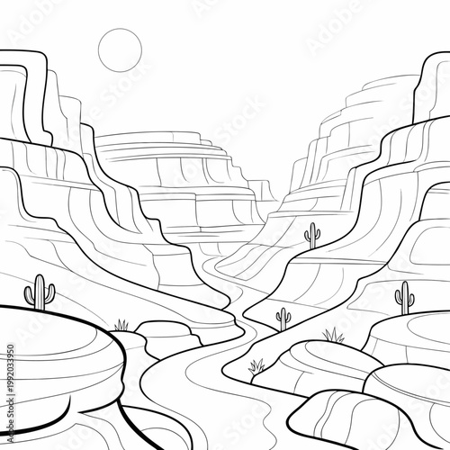 Line desert canyon with river and cacti under a sun