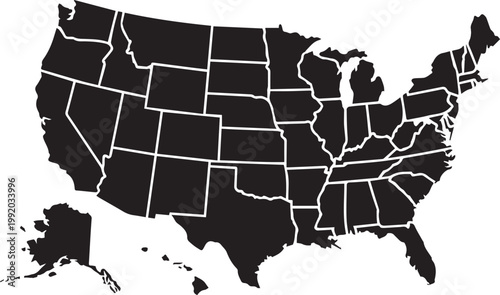 United States map, black and white, state borders, vector illustration, USA states, geographic outline