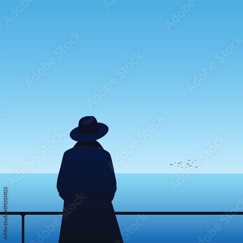 Minimal flat vector silhouette of a person wearing a hat standing by a railing facing the ocean horizon under a blue gradient sky, ideal for calm lifestyle visuals, posters, and background use.