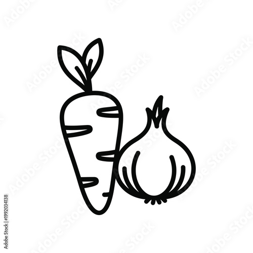 Simple line art icon featuring a fresh carrot and an onion representing kitchen ingredients and healthy food preparation