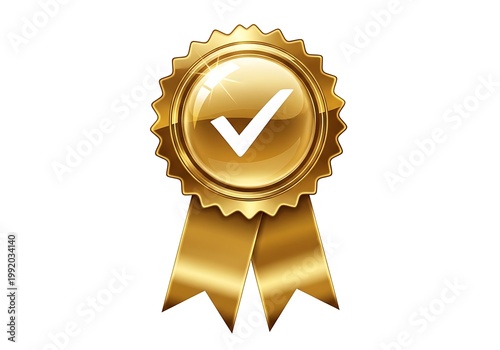 Shining golden medal icon with a checkmark and dual ribbons used to denote verified top-tier product status online.