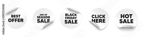 Best offer sticker tag. Season sale, Black friday paper price banners. Best offer tag. Special price Sale sign. Advertising Discounts symbol. Click here sticker. Vector