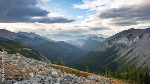 View into forested valley, mountain peak and Ashlar Ridge in the back, Sulphur Skyline Trail, Jasper National Park, Alberta, Canada