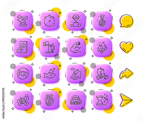 Winner reward, Yoga and Fitness line icons. App 3d buttons. Social media comment, share, like icons. Pack of Bike timer, Stop fishing, Cardio training icon. Vector