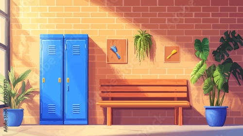 A brightly lit interior scene, featuring lockers, a bench, and potted plants against a brick wall