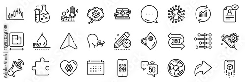 Augmented reality, Chemistry flask and Copywriting notebook line icons pack. Share, Message, Paper plane icons. Order, Waterproof, Puzzle web icon. Vector