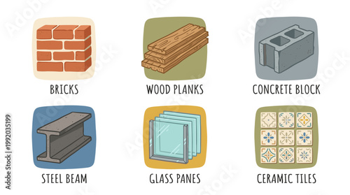 Construction and building materials icon set with bricks cement wood and industrial elements