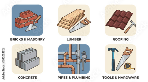 Construction and building materials icon set with bricks cement wood and industrial elements