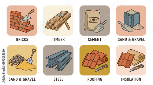 Construction and building materials icon set with bricks cement wood and industrial elements