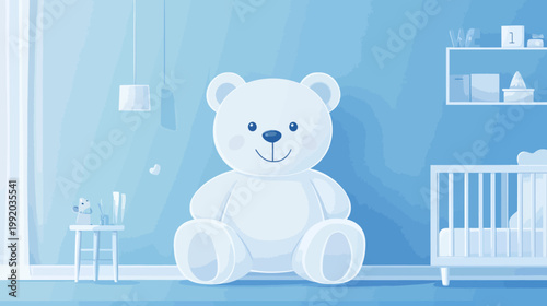Adorable illustration featuring a large plush bear, crib, and small table in a baby's nursery