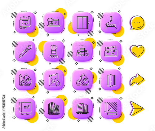 Online documentation, Boxes pallet and Diesel canister line icons. App 3d buttons. Social media comment, share, like icons. Pack of Wholesale inventory, Lift, Skyscraper buildings icon. Vector