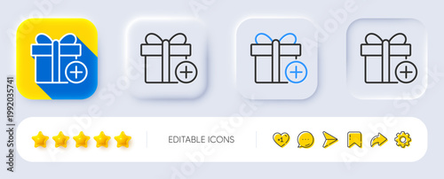 Add Gift box line icon. Neumorphic, Flat shadow, 3d buttons. Present or Sale sign. Birthday Shopping symbol. Package in Gift Wrap. Line add gift icon. Social media icons. Vector