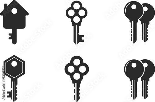 Set of various key icons, house key, vintage key and modern key silhouettes