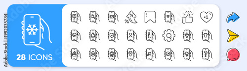 Hand Holding Phone line icons. Interest rate, AI generate, Inflation icons. Music sound, Sms or Mail Message, Wifi internet. Notification Reminder, Shirt shop, Information line icons. Vector